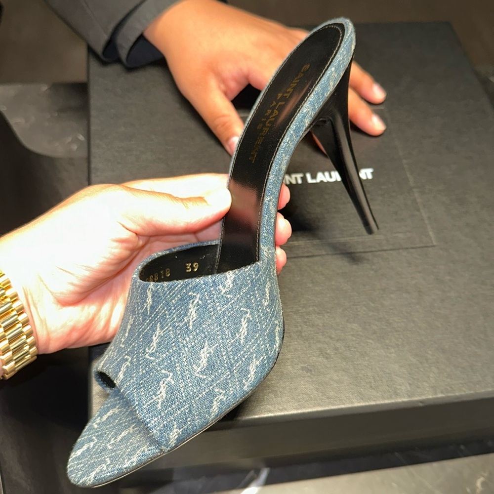 Ysl saint laurent mules 39.5!!!! denim logo all over NWB